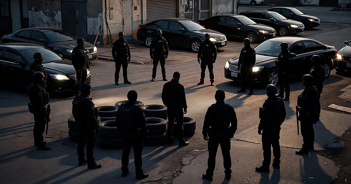 Silhouetted tactical agents surrounding a civilian figure outside a tire shop with unmarked vehicles nearby