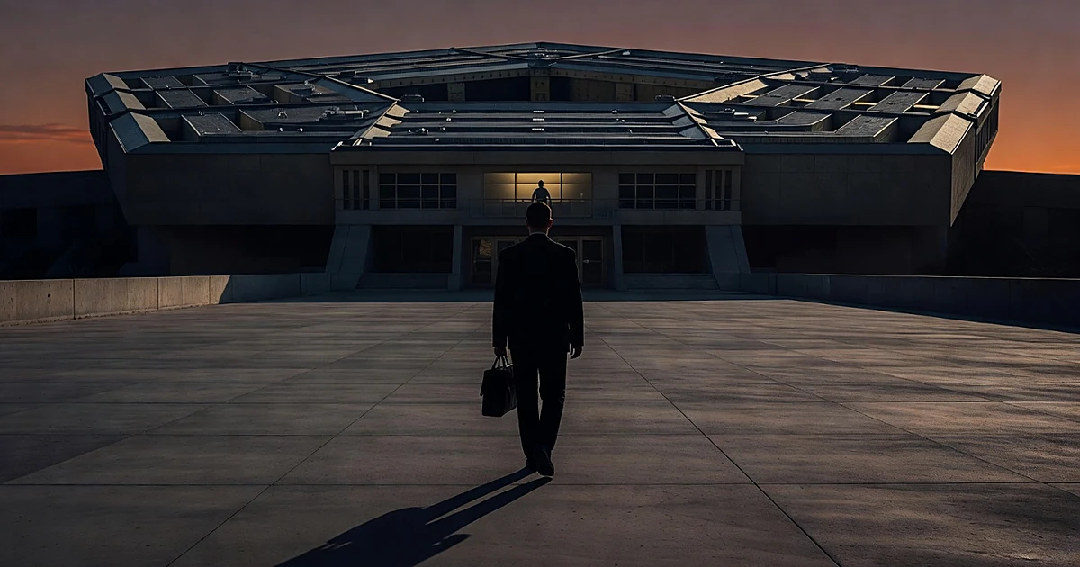 Silhouetted figure walking away from Pentagon building at dusk with briefcase as another figure remains inside