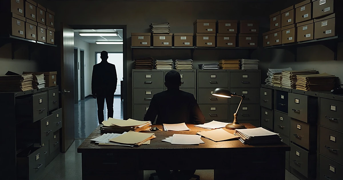 Silhouetted figure at desk covered in blank documents, another silhouette in doorway, dark office setting