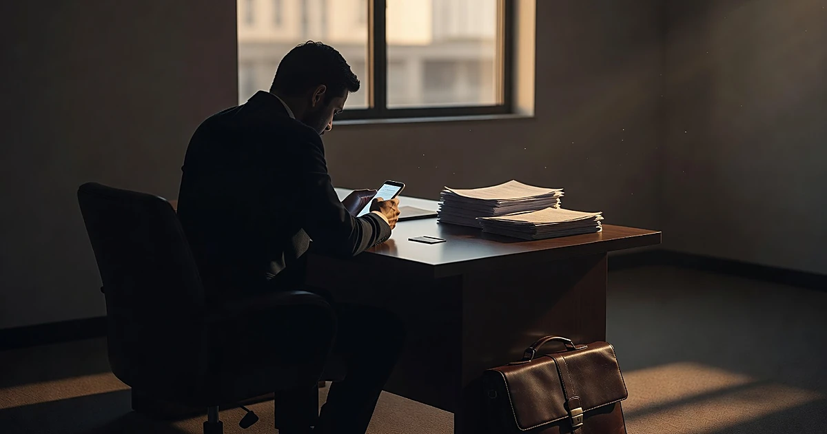Silhouette at desk with phone and credit card in dimly lit room with afternoon light streaming through window