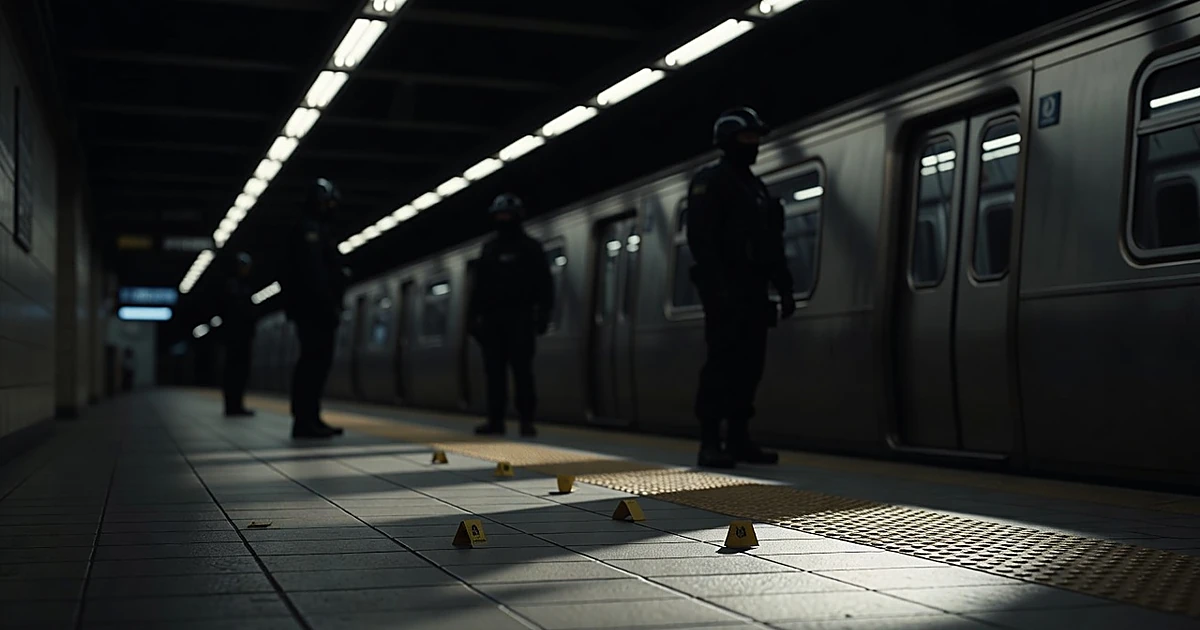 Subway platform with evidence markers on floor and silhouetted emergency responders beside stopped train