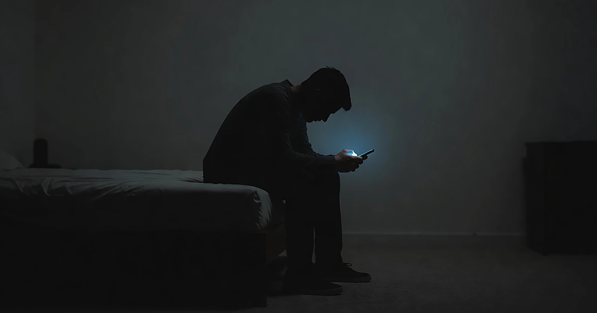 Silhouetted person sitting alone in dark room, illuminated only by phone screen light showing isolation and grief