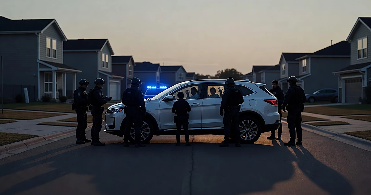 Silhouetted figures surround a white SUV on a suburban street illuminated by emergency vehicle lights at dusk