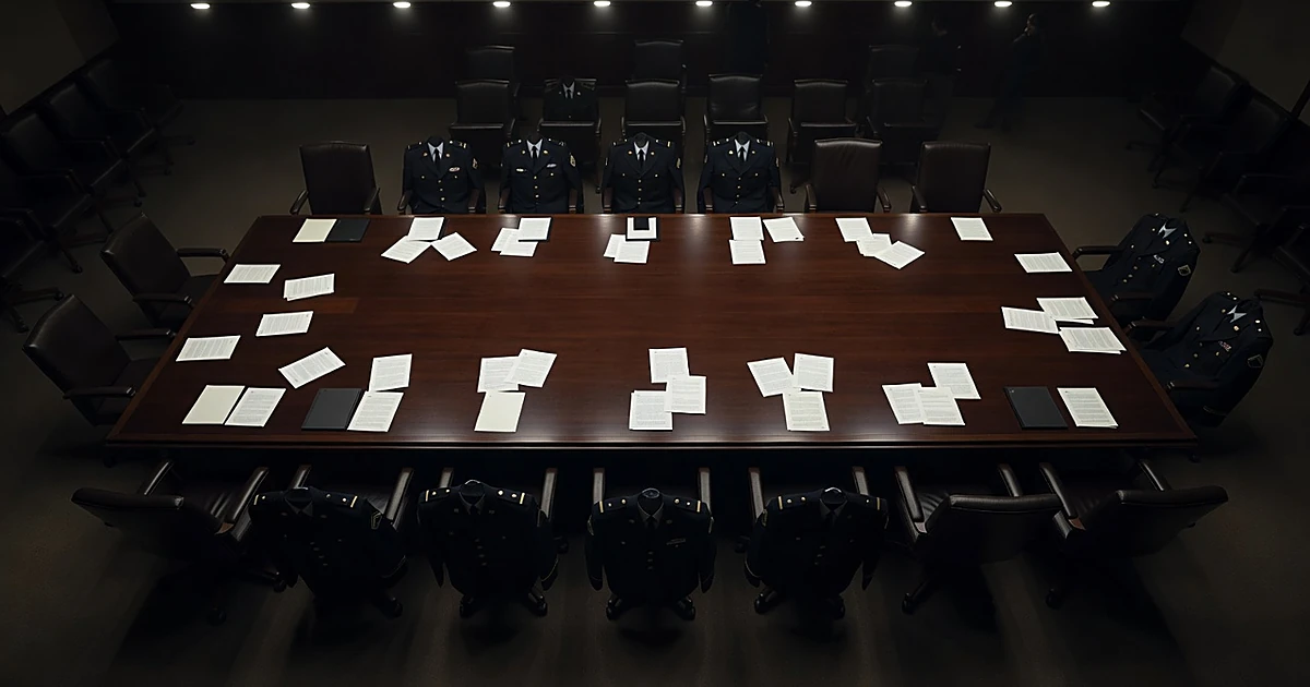 Empty chairs around Pentagon conference table with military uniform jackets, some seats vacant, papers scattered