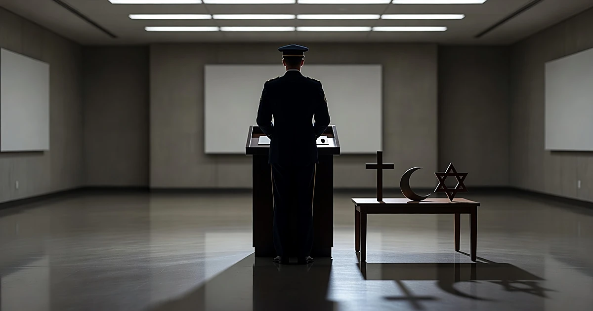 Silhouetted military figure at podium with religious symbols on table in Pentagon briefing room