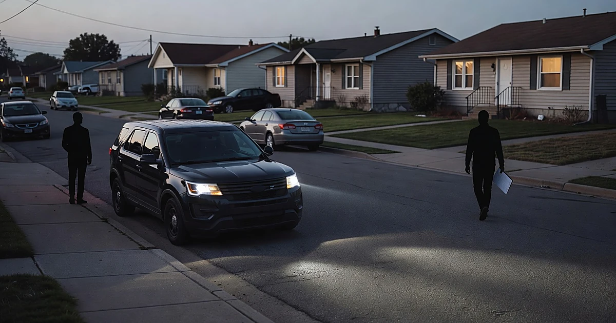 Silhouetted figures on a suburban street at dusk with an unmarked vehicle parked nearby