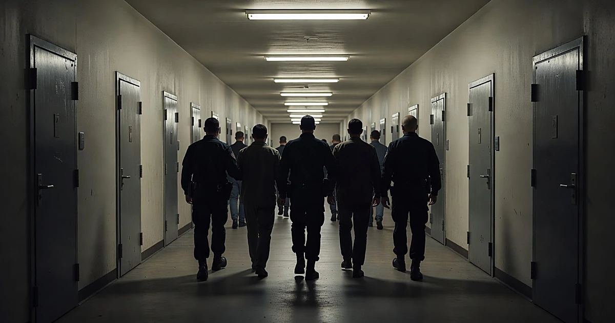Silhouetted law enforcement officers escort detainees down institutional corridor with metal doors