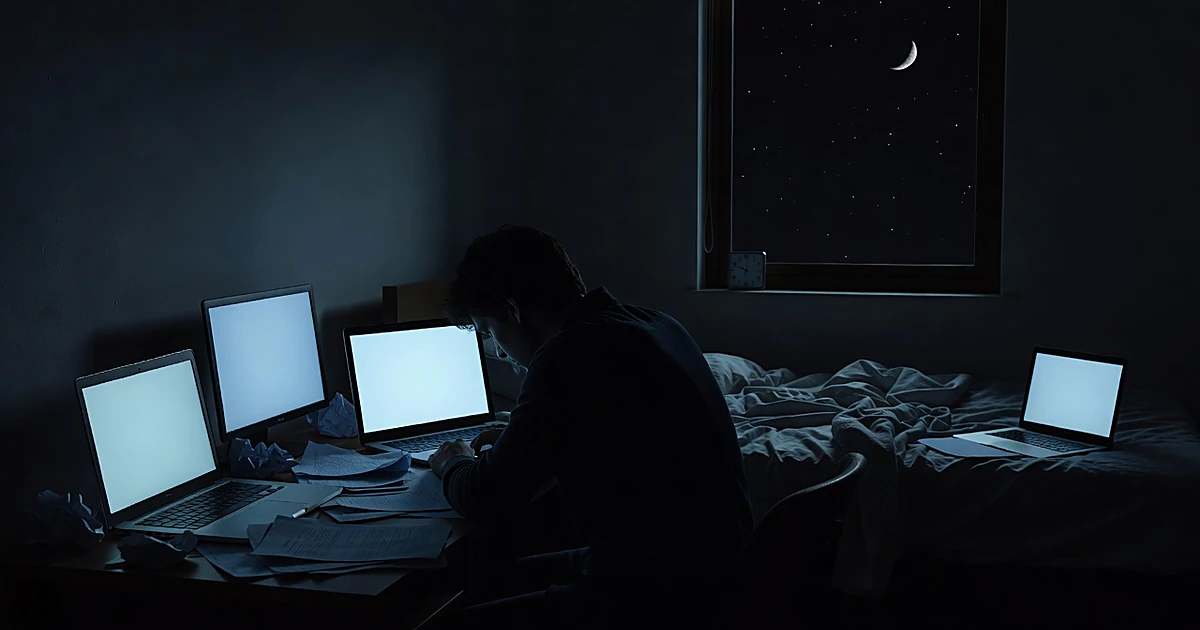 Silhouetted figure at desk in dark bedroom at night with glowing screens, unmade bed visible in background