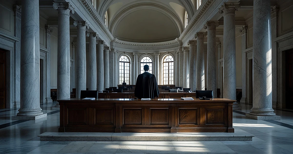 Silhouetted judge behind elevated bench in classical courthouse interior with marble columns and dramatic lighting