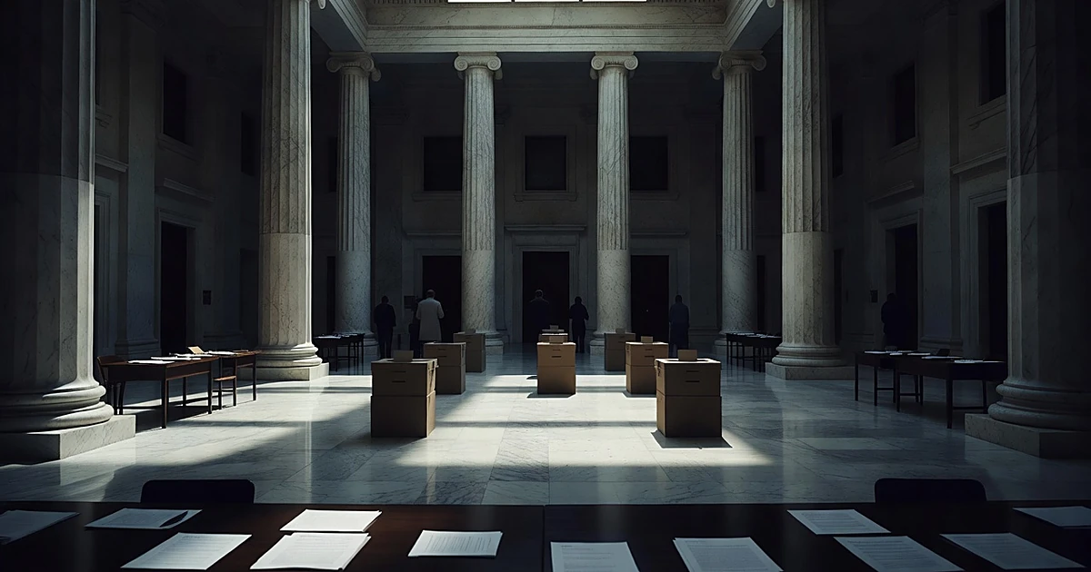 Silhouetted figures in government building interior with ballot boxes and registration tables under stark lighting