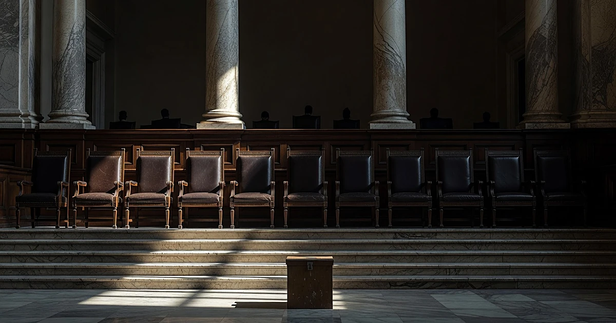 Empty Supreme Court bench with three chairs lit and six in shadow, ballot box on floor in foreground