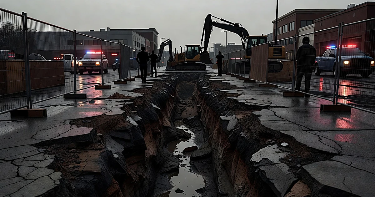 Water-filled construction trench with emergency vehicles and equipment silhouetted around excavation site