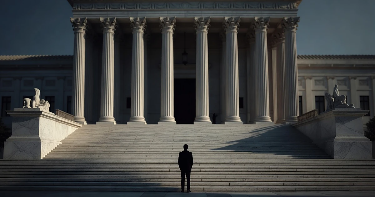Silhouetted person standing before tall courthouse columns casting dramatic shadows