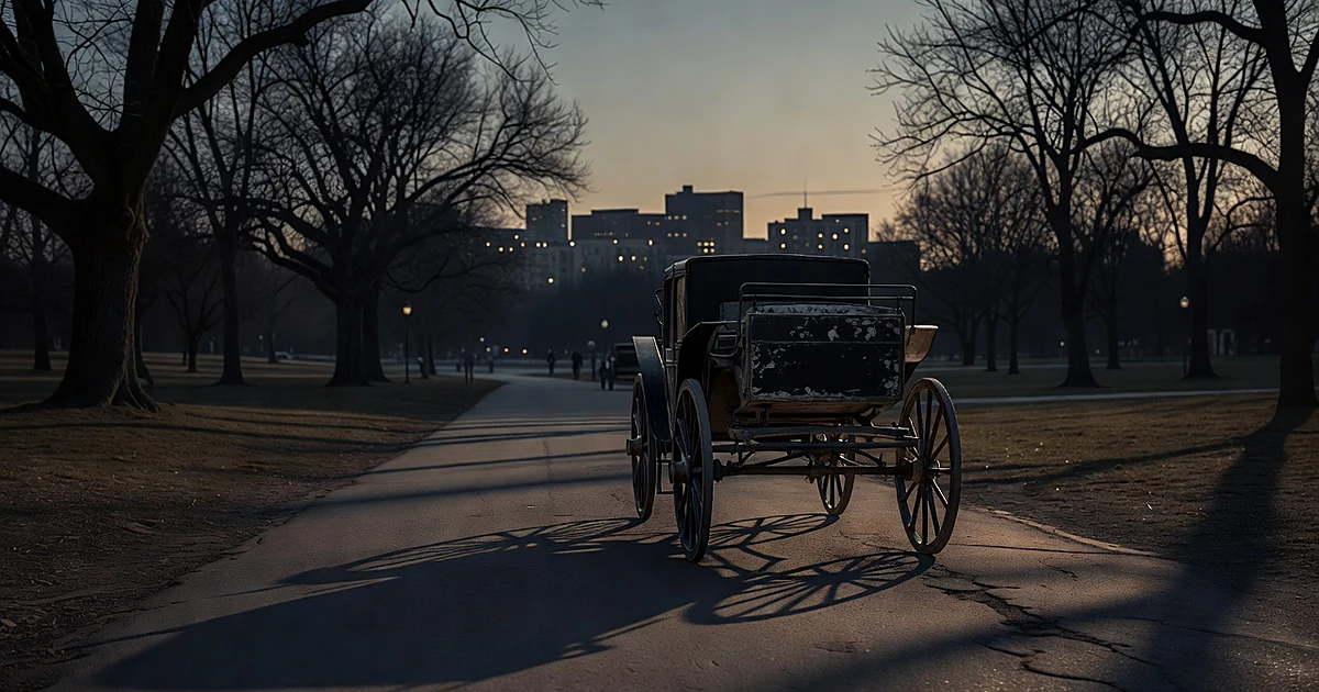 Empty horse-drawn carriage on park path at dusk with trees and distant city skyline