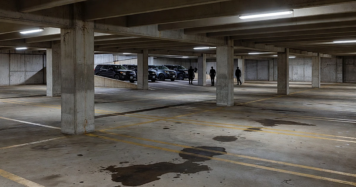 Dark SUVs parked in formation inside an urban parking garage with silhouetted figures standing between vehicles