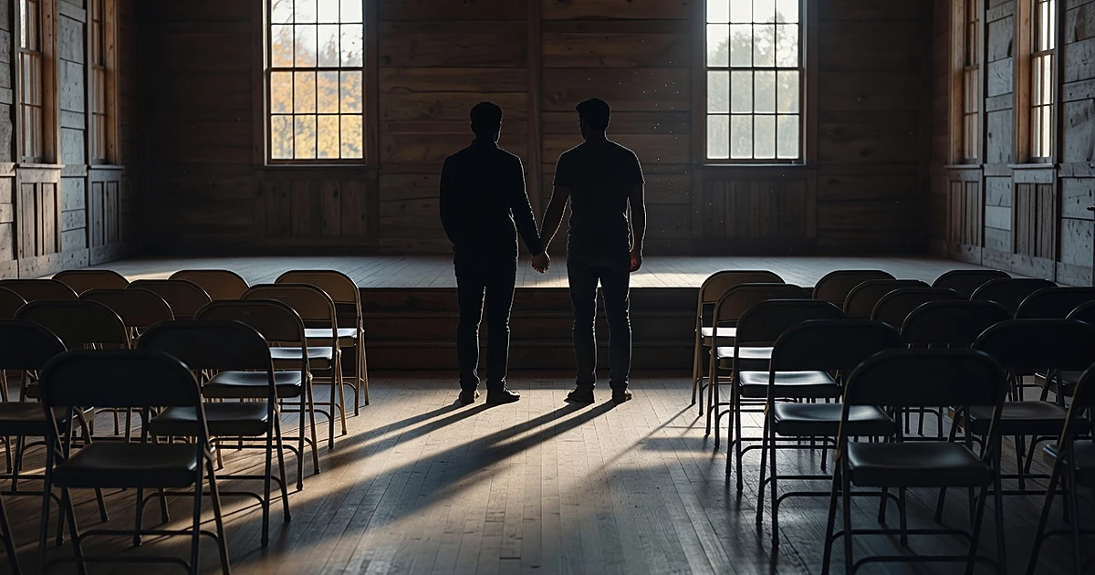 Two silhouetted figures stand together on stage facing empty chairs in a community hall with autumn light