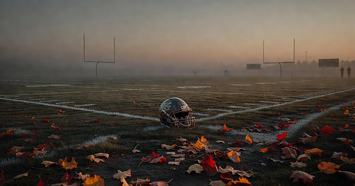 Empty football helmet on grass at edge of vacant high school field at dusk with goal posts in background