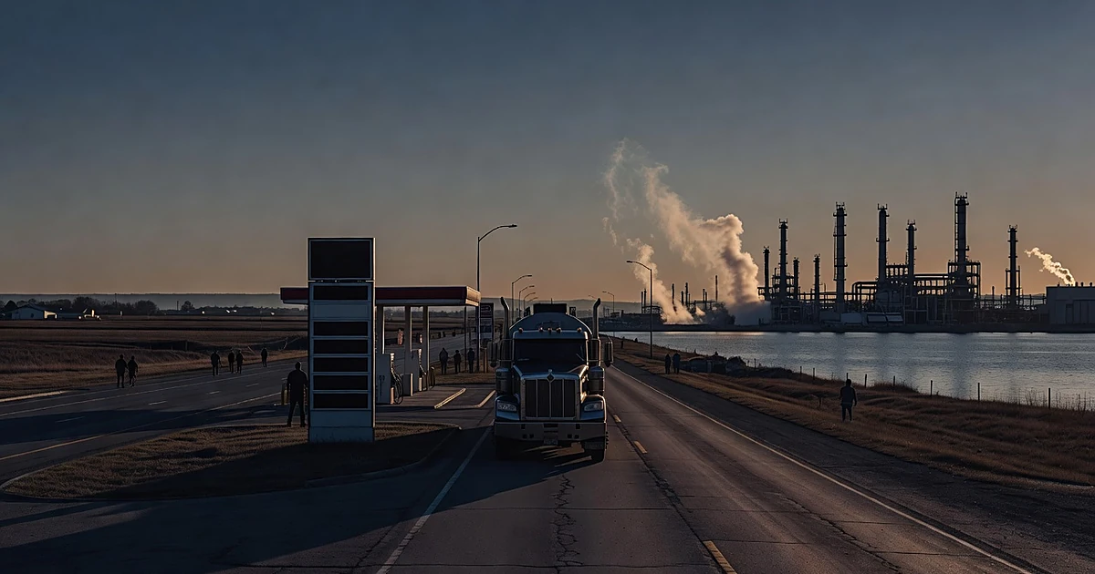 Silhouetted diesel tanker truck on highway with oil refinery infrastructure across water in background