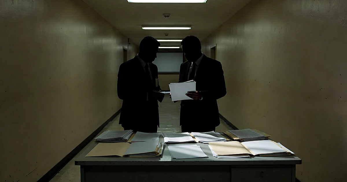 Silhouetted figures in government hallway with blank documents and files on desk in foreground