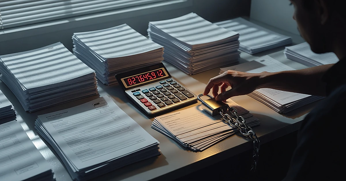 Overhead view of desk with medical documents, calculator, and padlock securing blank checks with venetian blind shadows