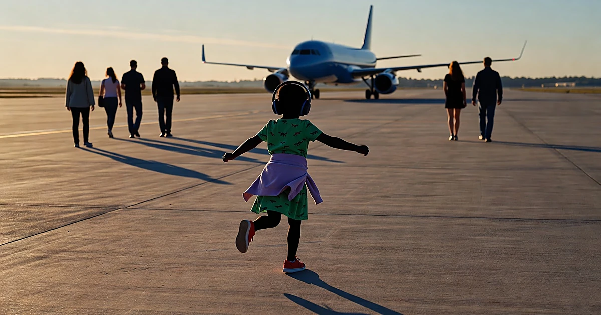 Silhouette of child in dinosaur dress skipping toward aircraft on tarmac with adults following behind