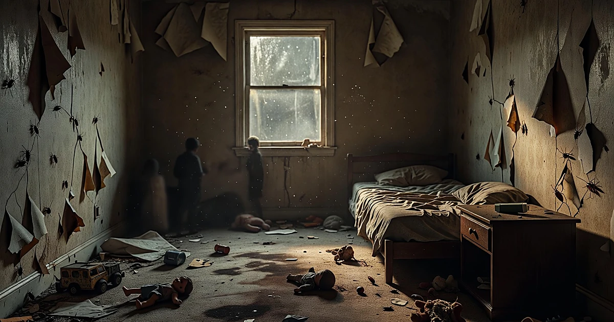 Neglected child's bedroom with cockroaches on walls, scattered toys, and an inhaler on nightstand in dim light