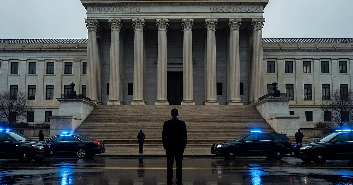 Silhouetted figure facing courthouse steps with police vehicles nearby under grey sky