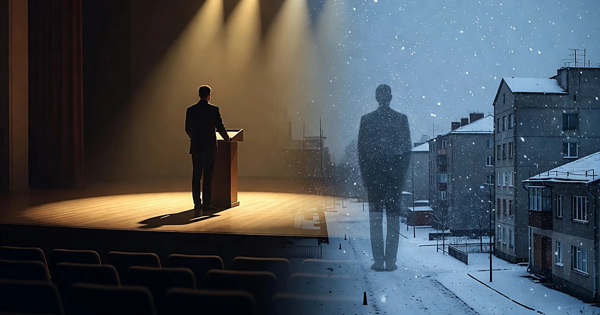 Split scene showing silhouette on stage and ghosted in snowy foreign setting, illustrating false location reporting