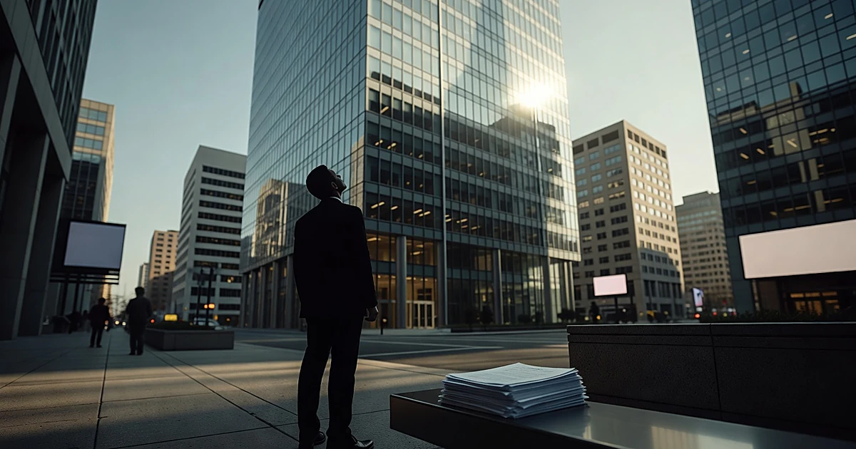 Silhouetted person viewing tall commercial office building with blank documents in foreground