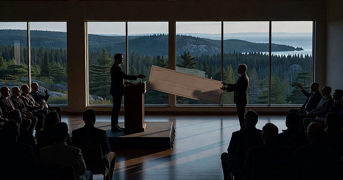 Silhouetted figure at podium with blank symbolic check being transferred, Michigan forest landscape visible beyond