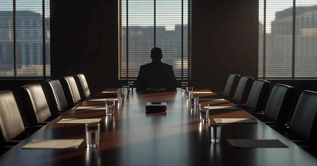 Silhouetted figure alone at long dining table with recording device in private room with venetian blind shadows