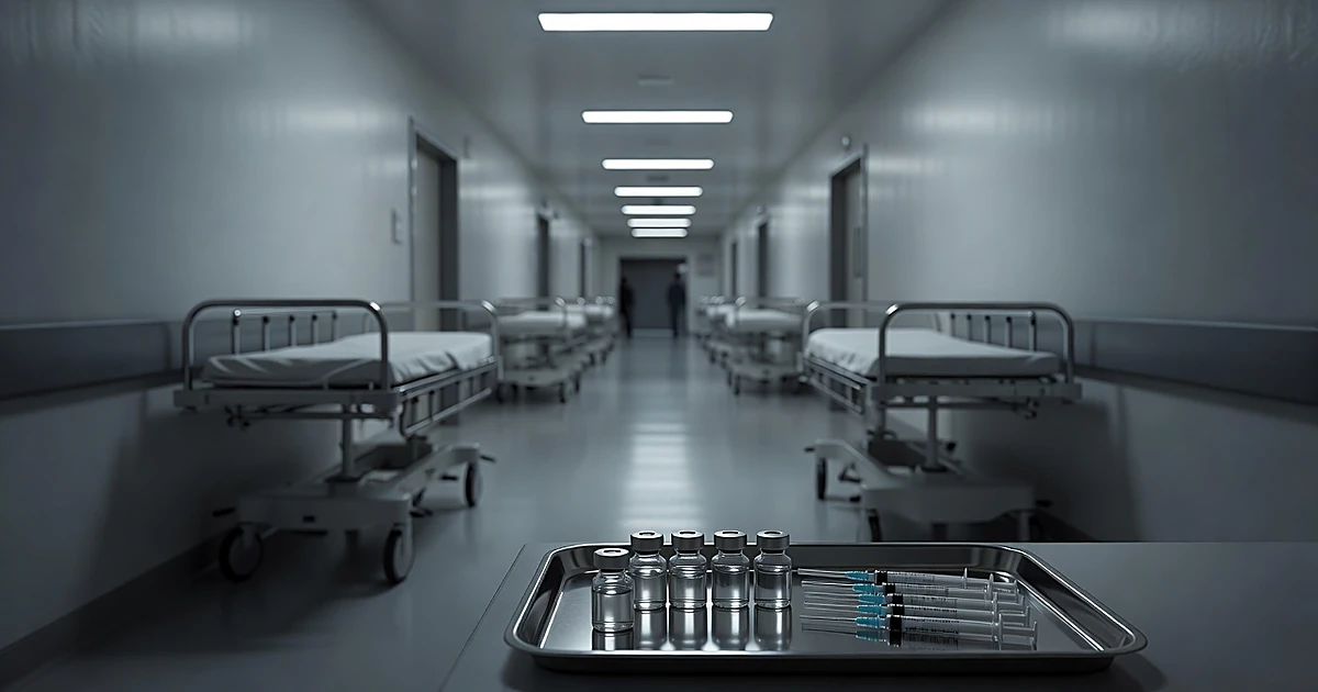 Empty hospital corridor with unused vaccine vials on medical tray in foreground, sterile lighting overhead