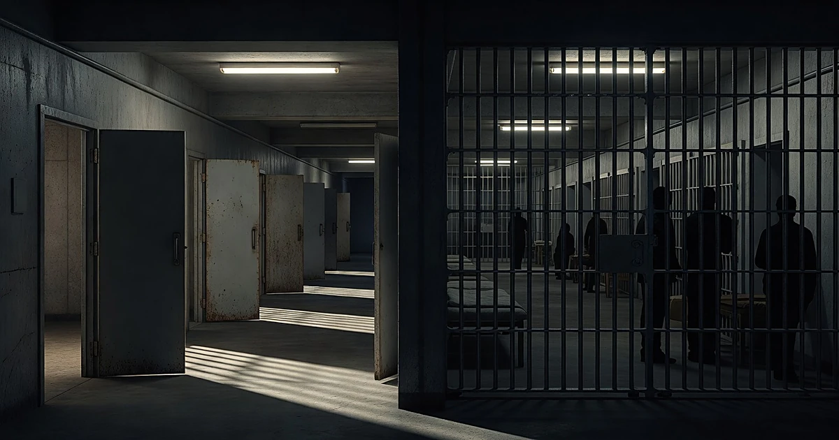 Split view of prison cells, some empty with open doors, others locked with silhouetted figures behind bars