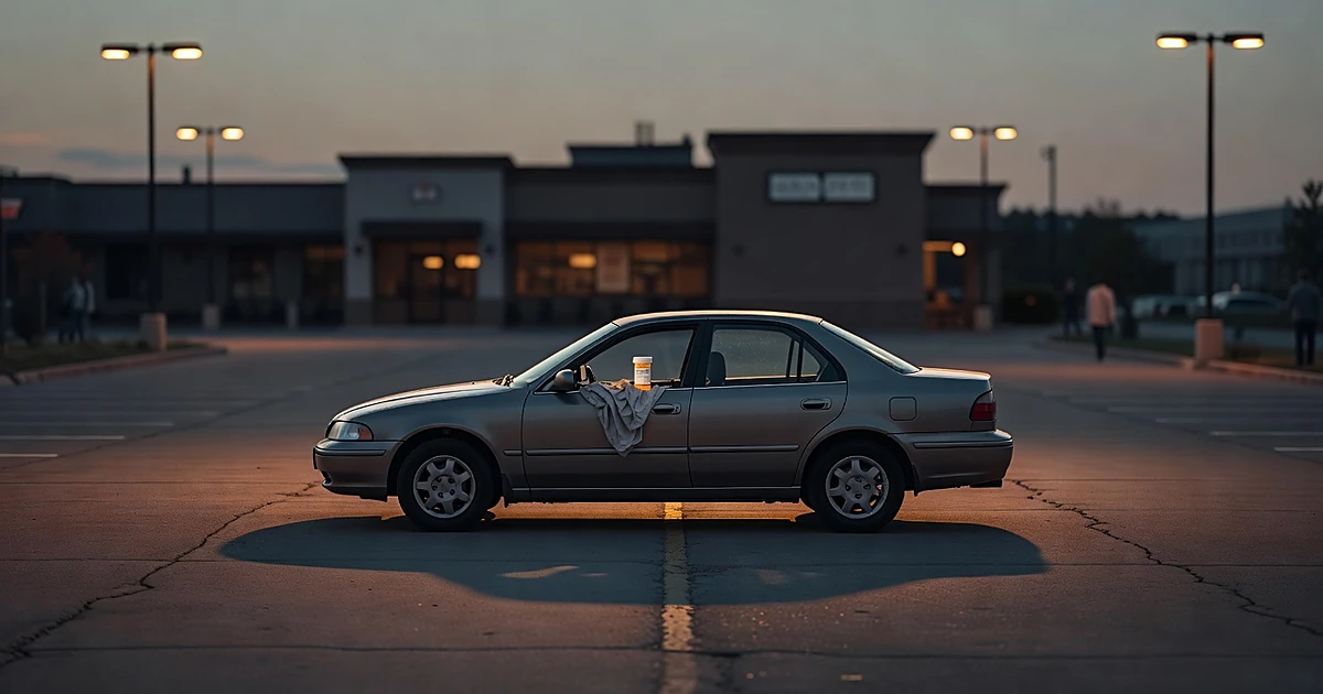 Empty rental car with open door in restaurant parking lot at dusk with medication bottle visible inside