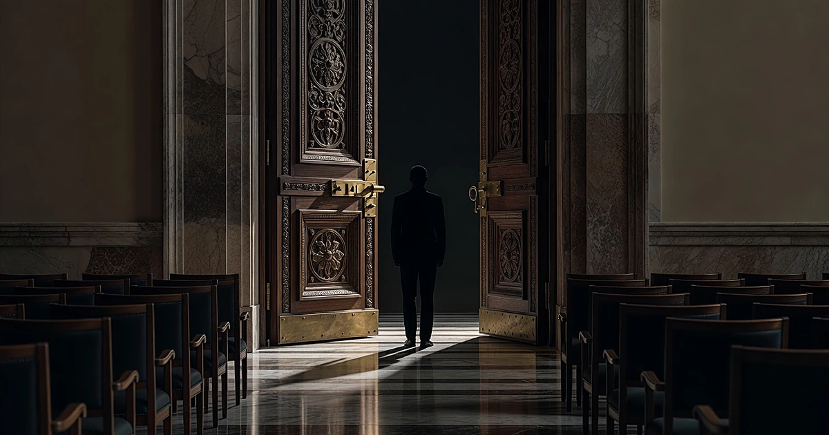 Silhouetted person facing a partially open legislative chamber door with empty chairs in foreground