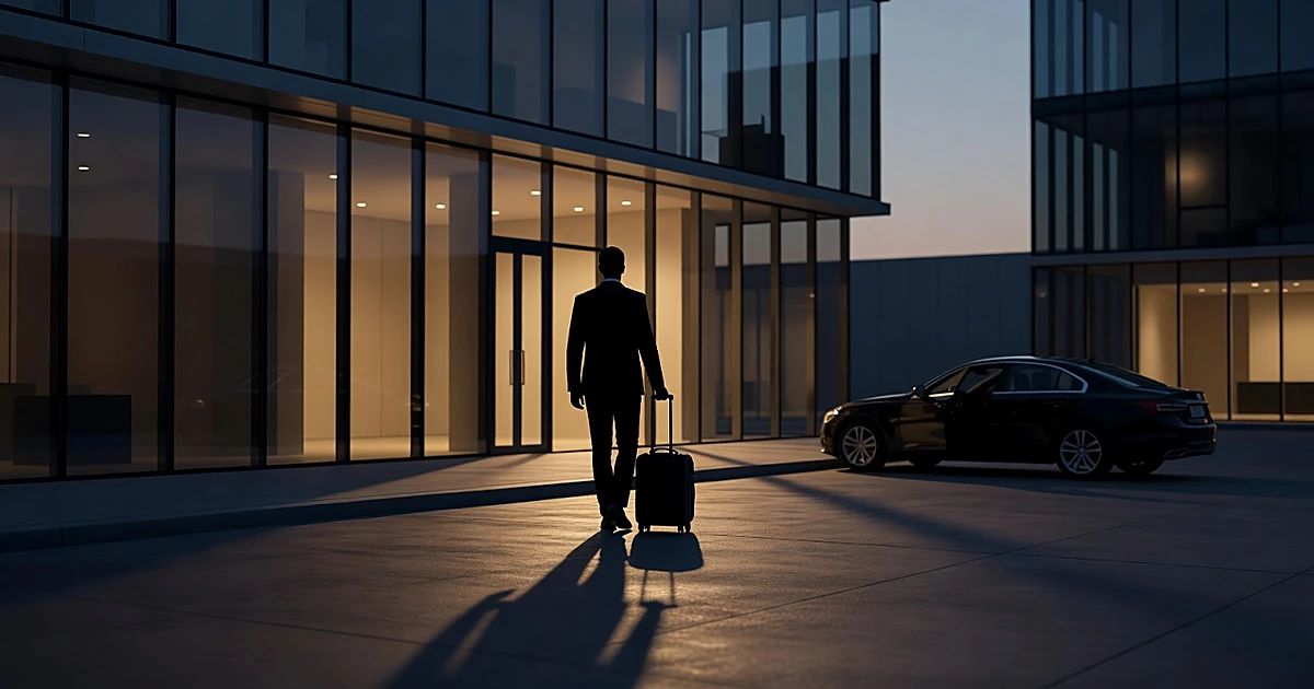 Silhouetted person with luggage walking toward car outside modern building at dusk