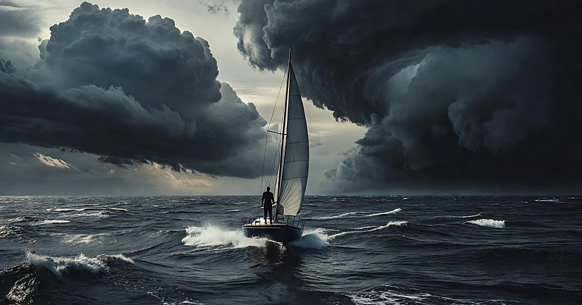 Silhouette on sailboat with wind-filled sail facing three converging storm clouds over choppy waters
