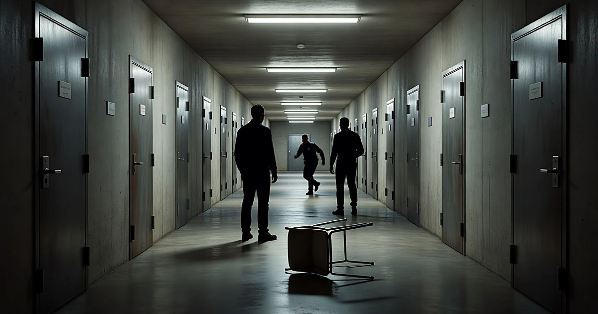 Two silhouetted figures in confrontation inside a prison corridor with overturned chair and approaching guard