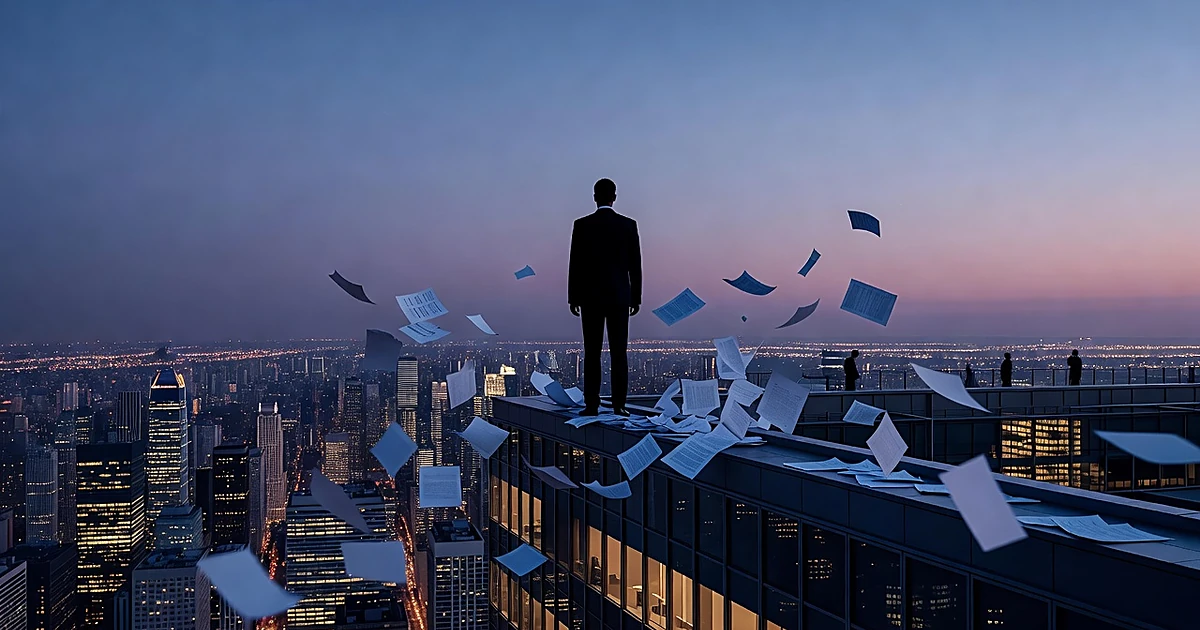 Silhouetted business figure stands alone on office building rooftop at dusk overlooking lit financial district