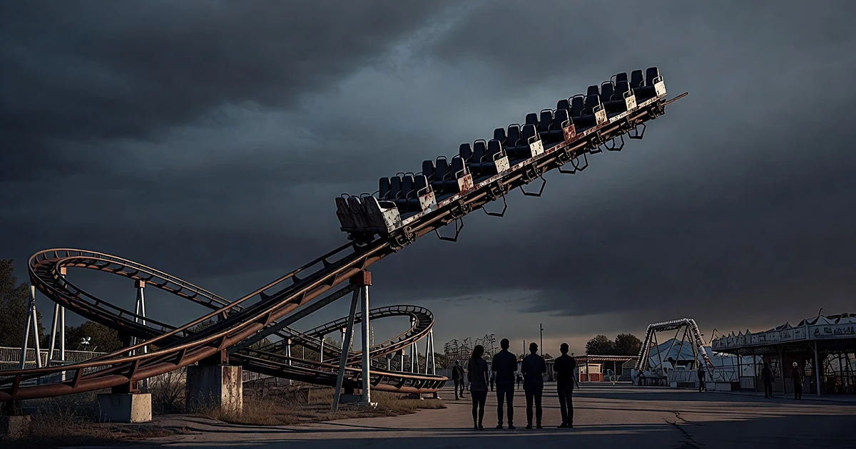 Empty roller coaster with open restraints ascending steep track against dark sky with silhouetted figures below