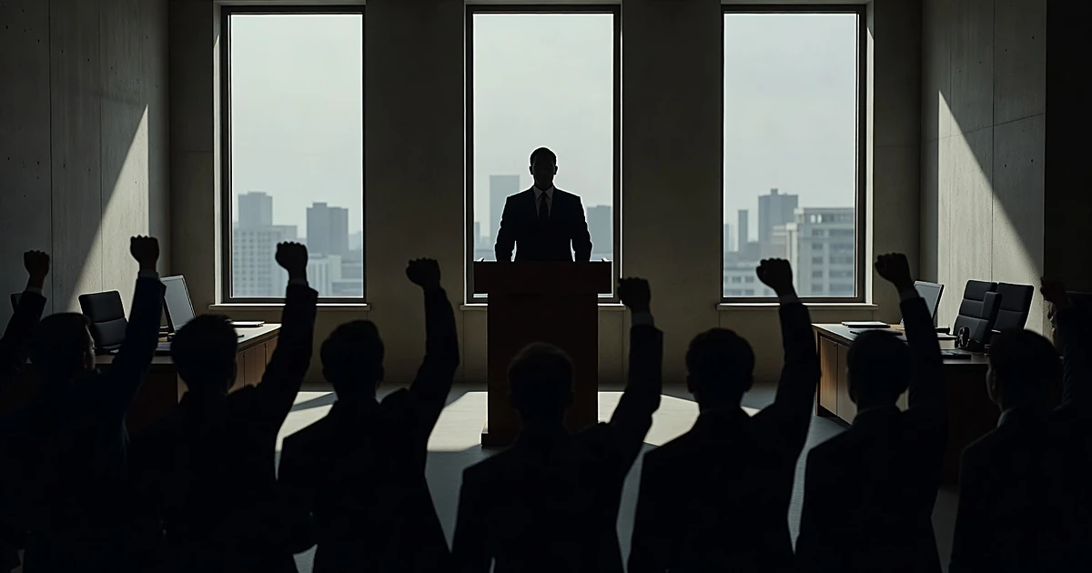 Silhouetted official at podium faces crowd of protesters with raised fists in government office
