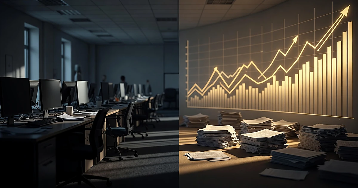 Split scene showing empty newsroom on left, illuminated economic charts and documents on right with contrasting lighting