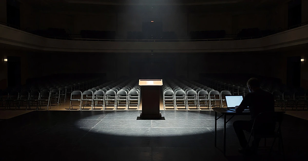 Empty campaign podium under spotlight with vacant chairs, while silhouetted figure works remotely at laptop in shadows