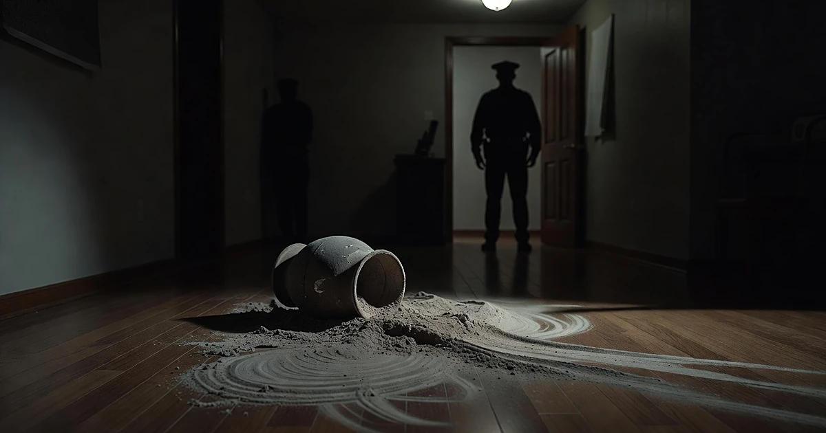 Overturned urn with scattered ash on floor in dim residential room with silhouetted figures in background