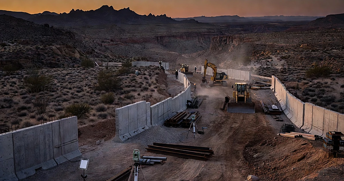 Construction equipment and partial border barriers in remote desert canyon landscape with mountains in background