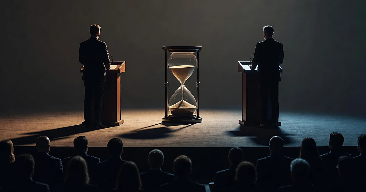 Two silhouetted figures at podiums on opposite sides of a stage with an hourglass between them