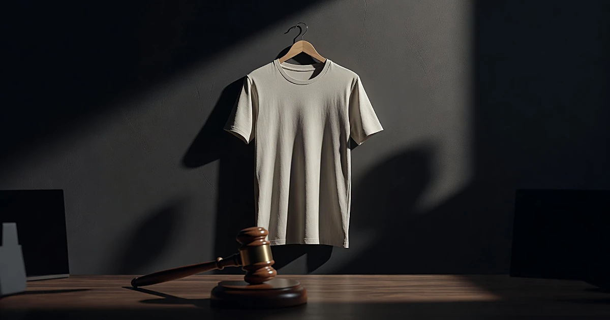 A t-shirt on a hanger with a gavel in the foreground, dramatically lit against a dark background