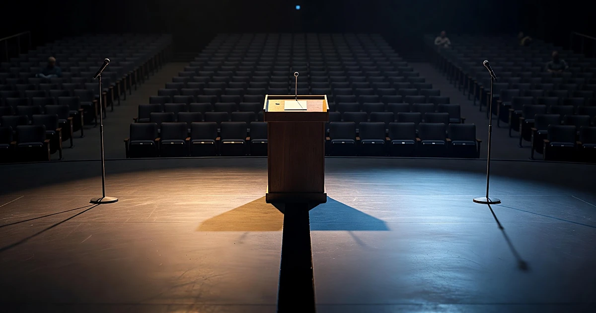 Split-lit stage with two microphone stands casting opposing shadows across an empty podium in a divided auditorium
