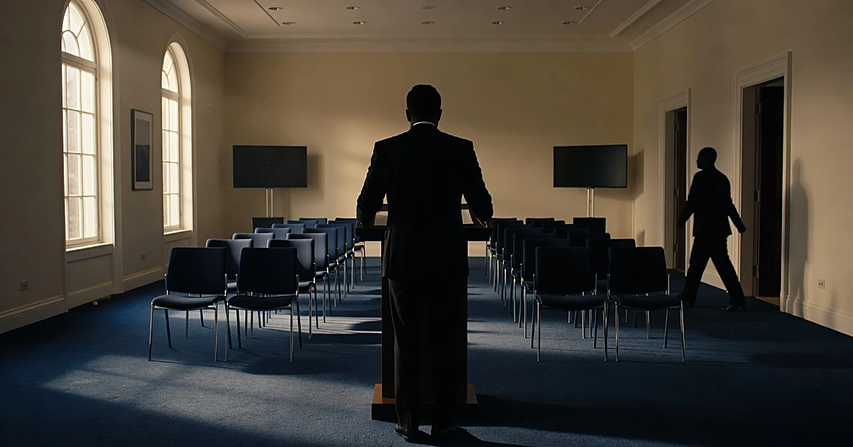 Silhouetted figure at podium in White House briefing room with empty press chairs, another figure entering doorway