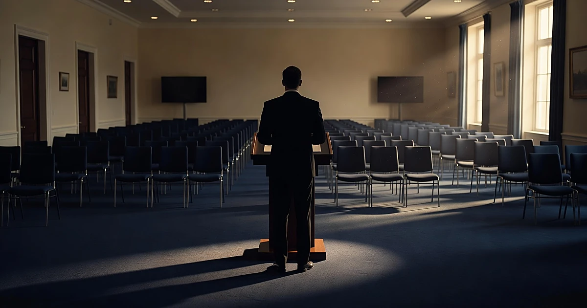 Silhouette at podium in White House briefing room with empty press chairs, viewed from behind in afternoon light